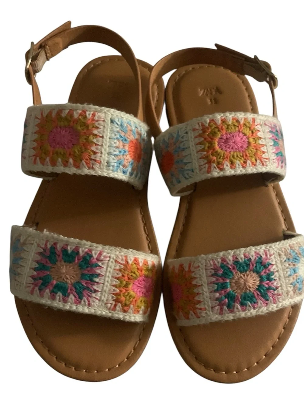 Zara Tan Leather Sandals with Multicolor Crochet Straps Girl 13